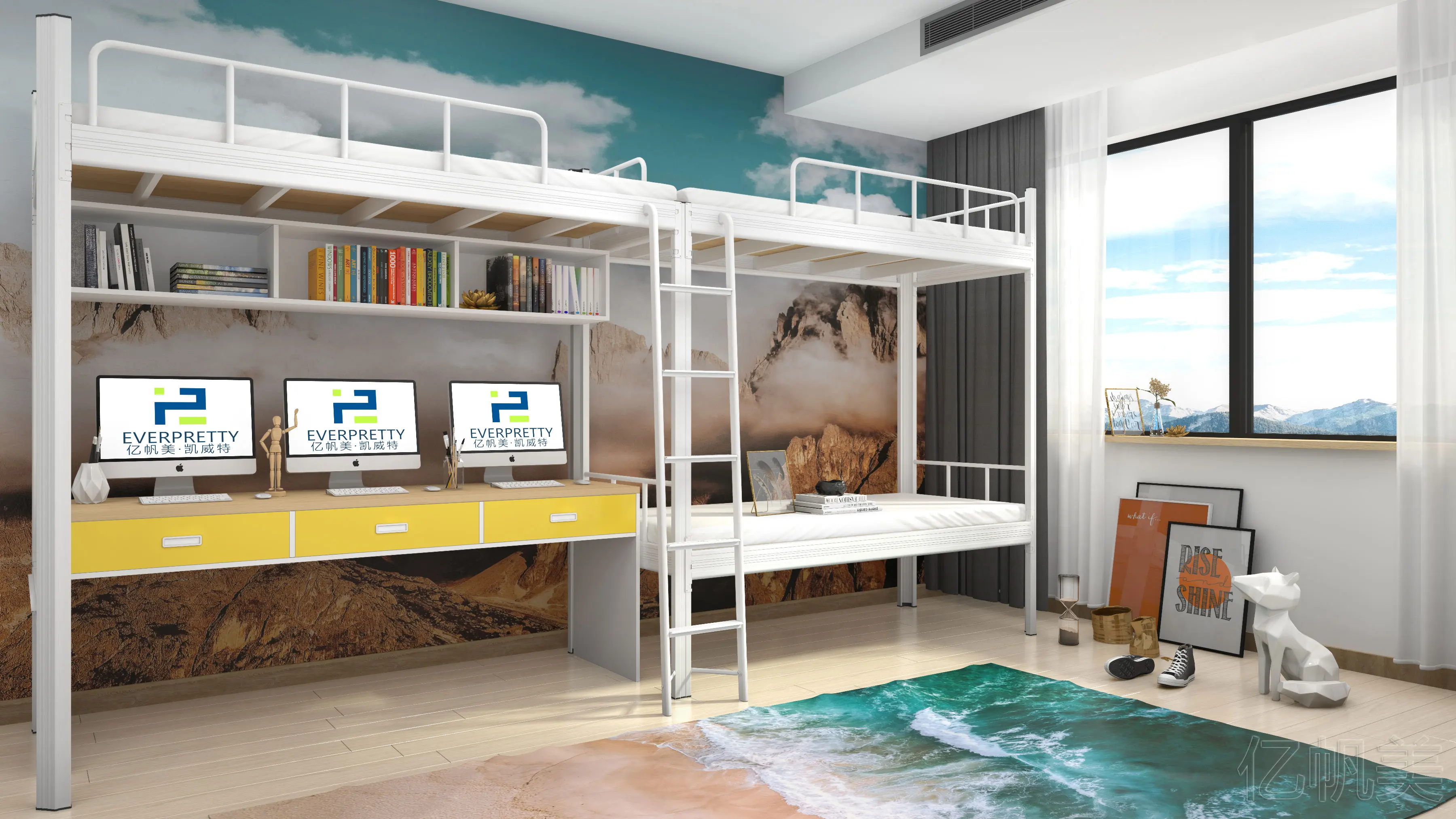 Hostel Dormitory Furniture Bunk Bed with Table and Wardrobe Metal Loft Bed for Adult