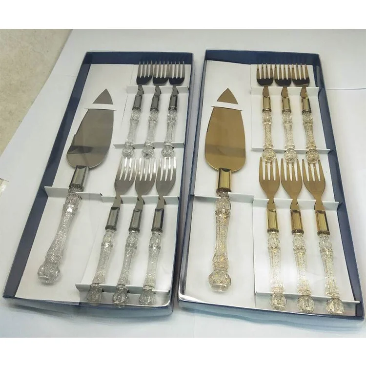 Yangjiang Factory, Luxury cake set of 2 stainless steel knife & shovel in gold color with gold PS handle wedding flatware