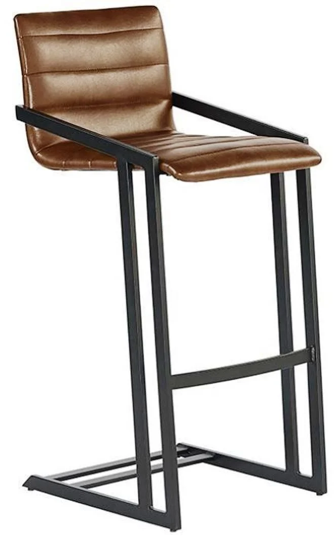 Leather counter bar chair with brown leather seat high backrest and iron metal frame bar chair for restaurant chair