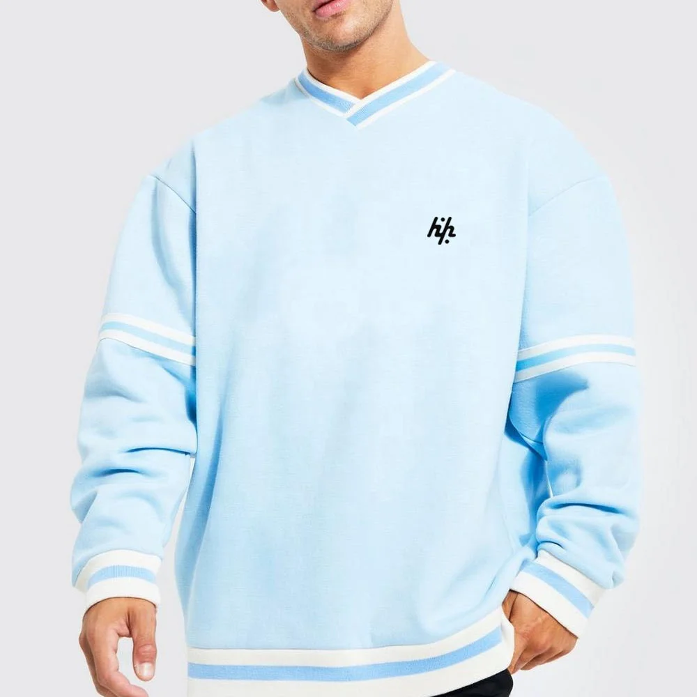Wholesale Customized Breathable 100% Cotton Men Light Blue Premium V Neck Oversize Sweatshirt Quick Dry Pullover Sweatshirt