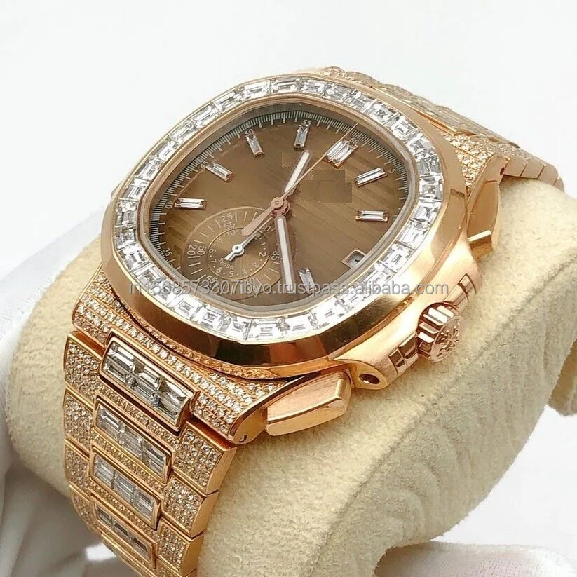 Luxury custom design Yellow gold designer Jewelry Moissanite Diamond Watch Premium Emerald cut Designer party wear Branded watch