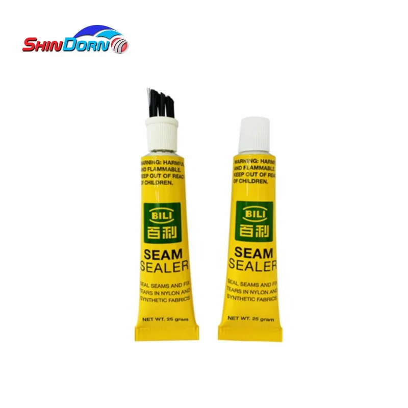 Tent seam sealer glue tube with applicator brush