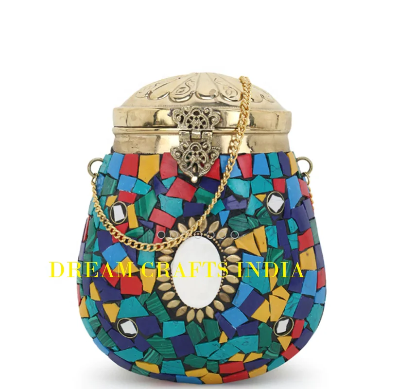 Multi Color Mosaic Clutch Bag Hand Crafted Unique Firoza Ladies Metal Sling Bags Bulk buy Golden Ball Lota Shape Indian Handbag