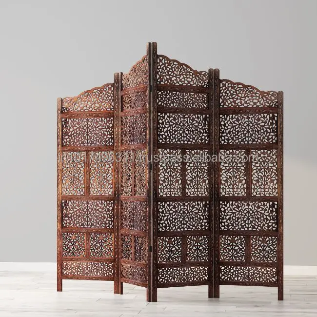 Handcrafted 4 Panel Wooden Room Partition & Room Divider ( Brown) Solid Wood Decorative Screen Partition  (Free Standing)