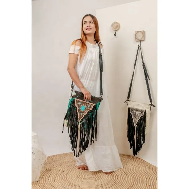 Винтажная кожаная сумочка с бахромой в стиле бохо сумки из кожи волосами бирюзовая сумка