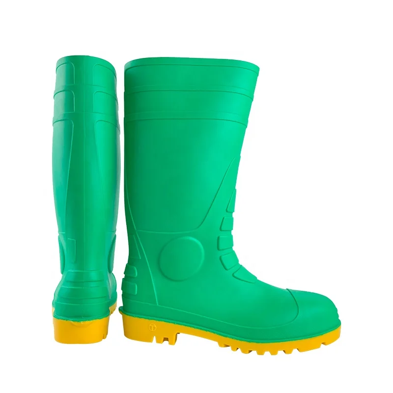 2024 America Style Safety Shoes Botas De Lluvia Chemical Industry Impact Proof Anti-Acid Steel Toe Midsole Green PVC Water Boots
