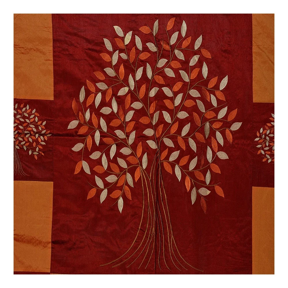 Silk Double Bedding Set 1 Bedsheet Embroidery Work 2 Pillow 2 Cushion Cover Mustard Color Tree of life Bed Cover Set of 5 Pieces