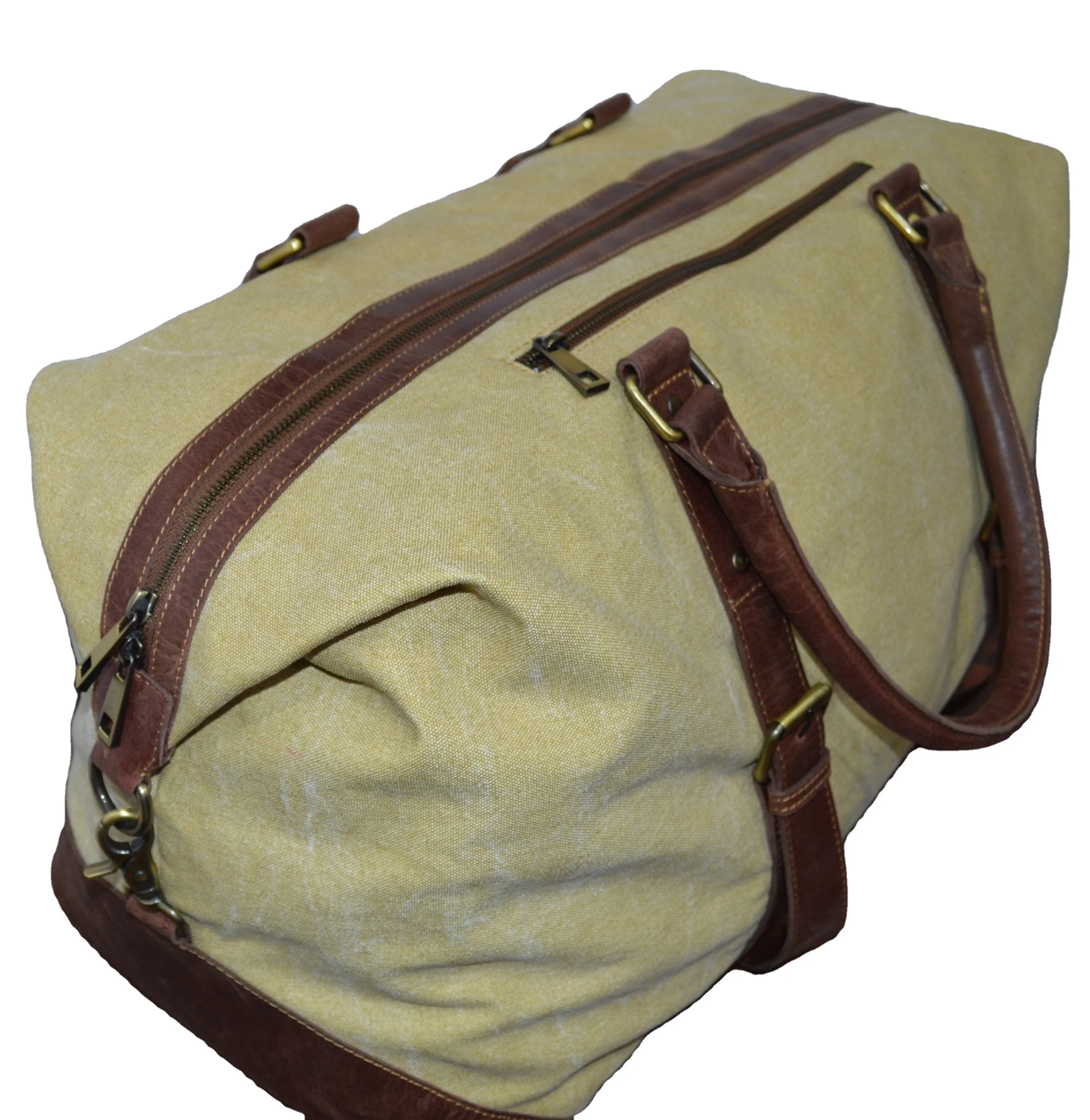 
High Quality Canvas Genuine Leather Weekender Overnight Bag Travel Duffel Bag 