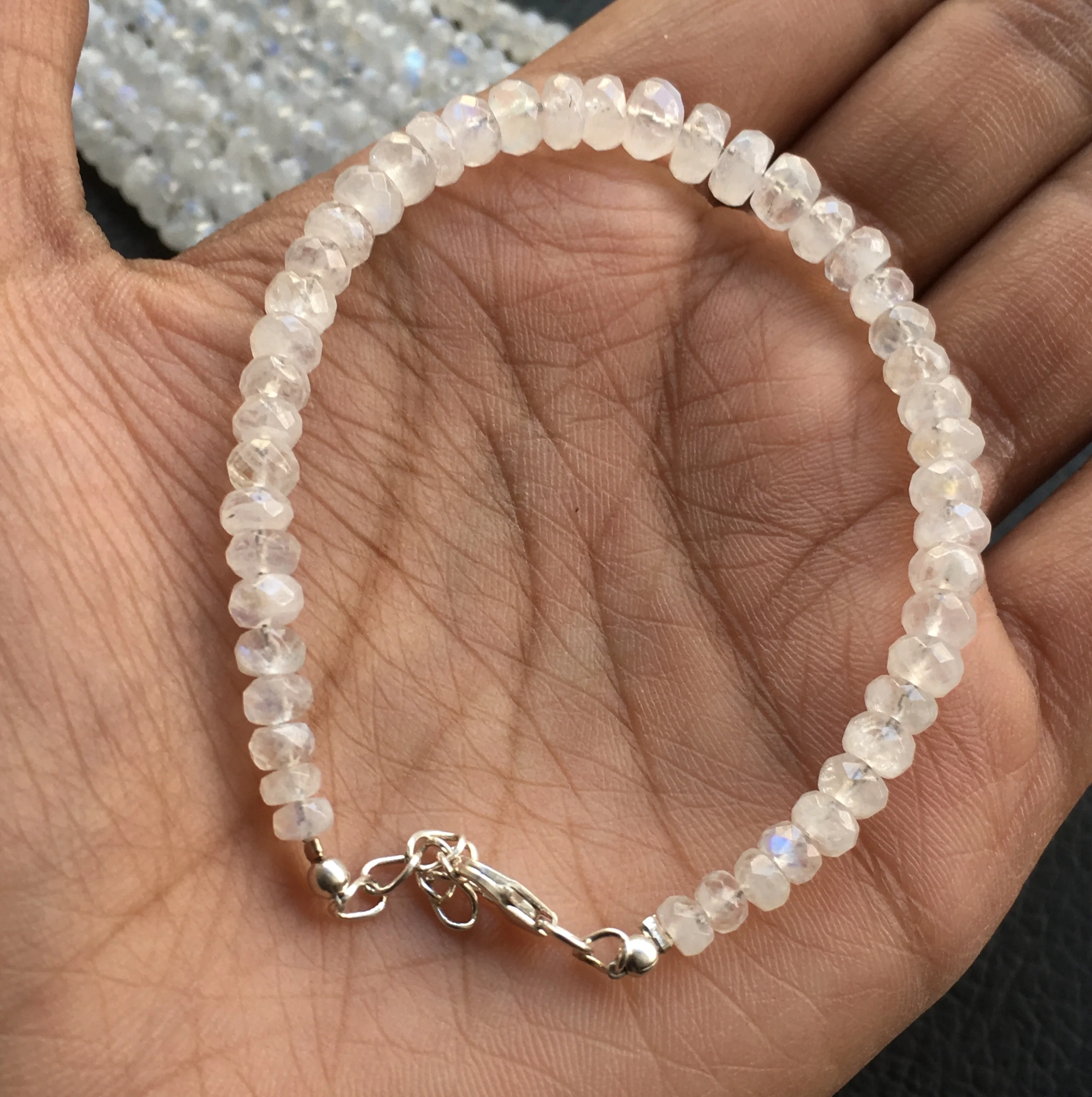 Natural Moonstone 92.5 Silver Bracelet Orange Gemstone Jewellery Rondelle Shape Faceted Cut Beads Wholesaler price