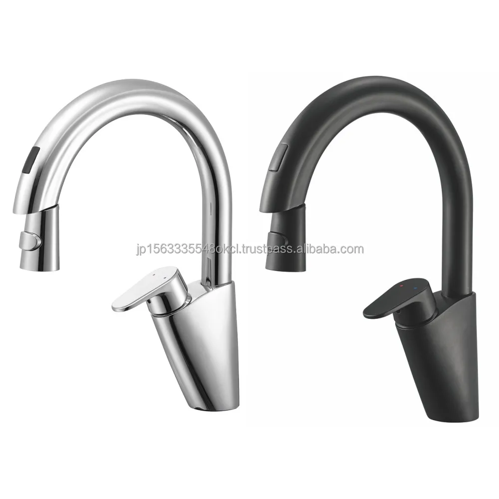 Single-Hole Deck Mounted Kitchen Faucet Silver Sensor Pull-Out Auto Water Mixing Valve Contactless Touchless Battery Operated