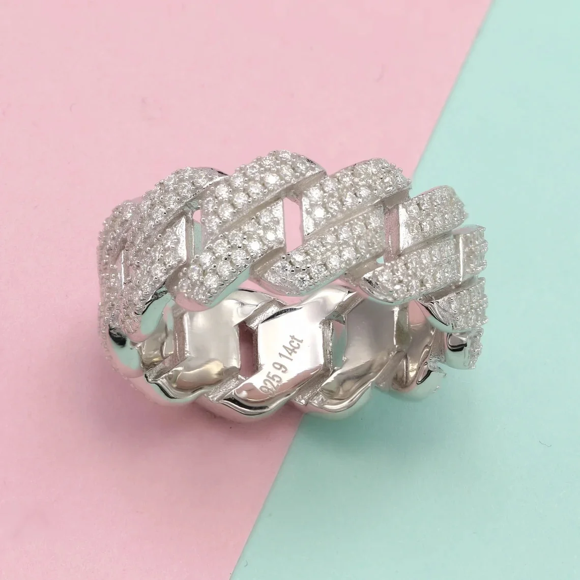 925 Sterling Silver 10mm Moissanite Monaco Cuban Link Hip Hop Ring Custom Jewelry Men Ring Sterling Silver Baguette  Ring