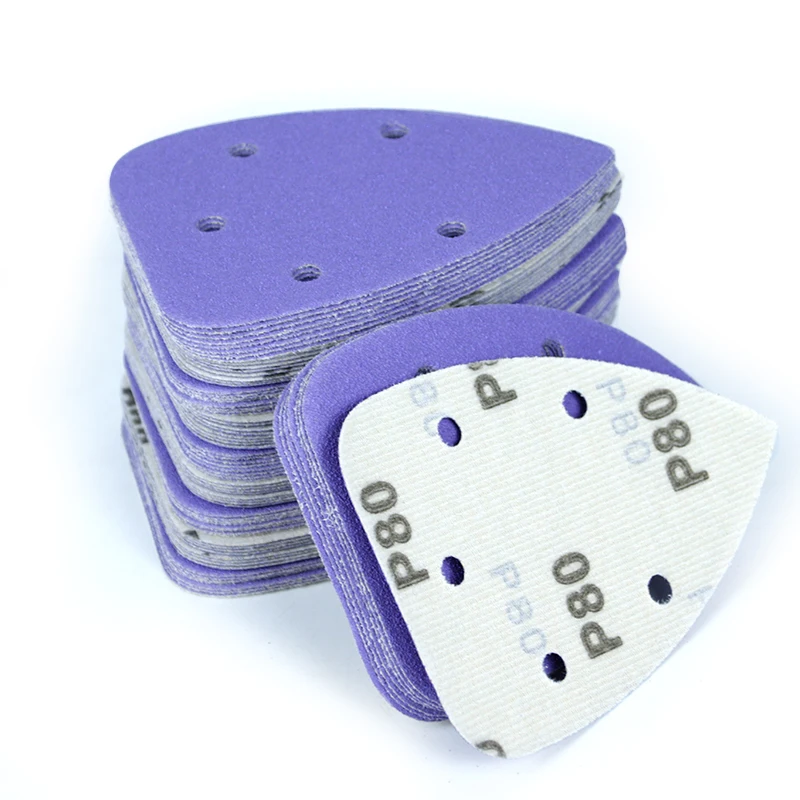 Purple Triangle Sanding Pads Ceramic Alumina Grain Sandpaper 120 Grit Hook and Loop Corner/Detail Sanding Sheets for Automotive