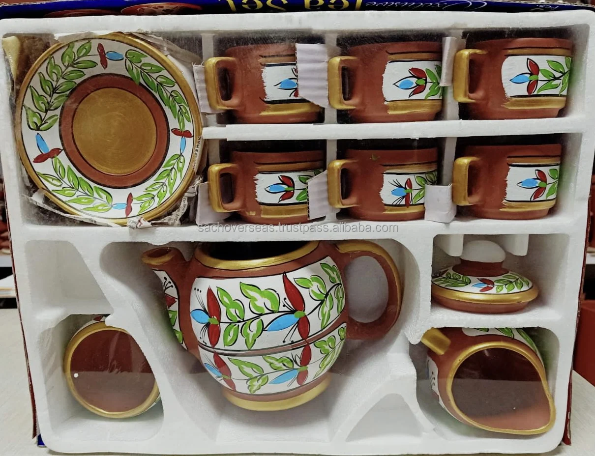 
EcoFriendly Natural Clay Terracotta Hand-painted Tea Set with Cups, Plates, Milk Pot, Sugar Pot & Teapot with Lid Cover 