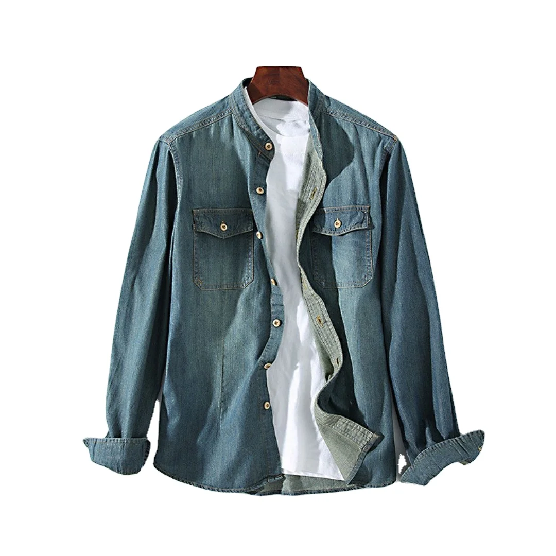 Новый Премиум-качество изготовленный на заказ дизайн джинсовая рубашка для мужчин дышащая одежда с длинным рукавом воротником «Мандарин» повседневная обувь от производителя оптом