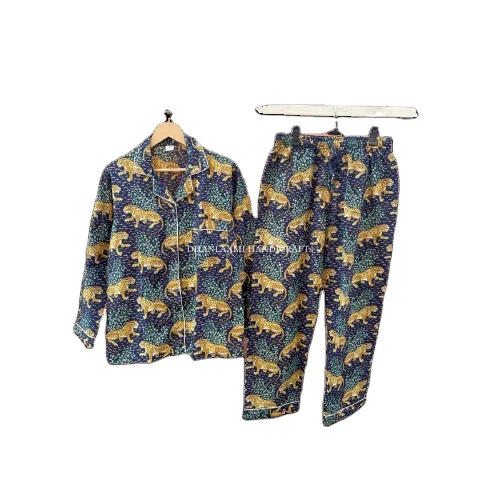 Navy Tiger Print Wholesale Sleepwear Indian Night Wear Night Suit 100% Cotton Pyjama Set Cotton Shirt Trouser