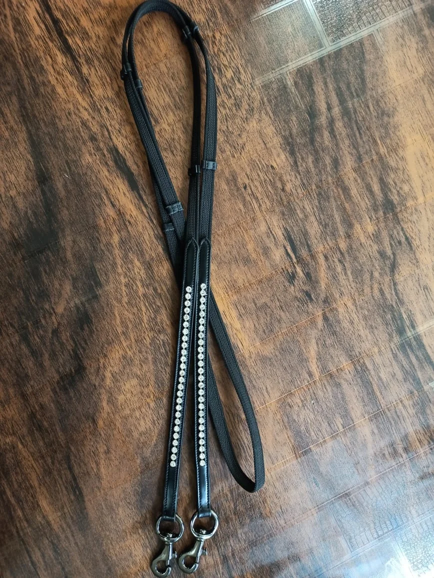 Black Leather Reins White Crystal Brass buckle  Horse Equipment Equestrian Rub International