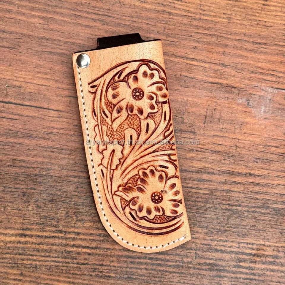 New Western Tan Tooled Leather Knife Scabbard Genuine Leather Folding knife Sheath Handmade Cowhide Belt Trapper Knife Sheath