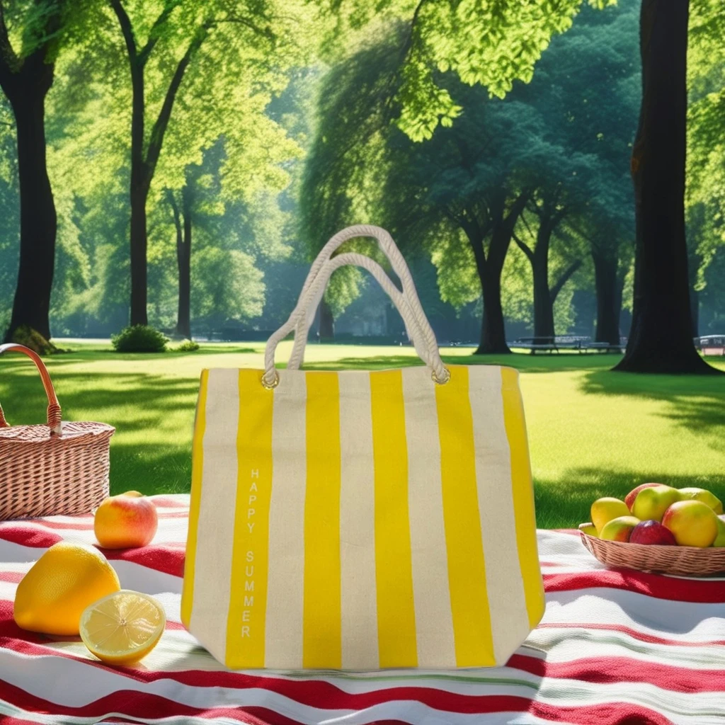 Eco-Friendly Cotton Canvas Printed Stripes Beach Bags Custom for Shopping and Beach Shoe Storage-Promotional made in India