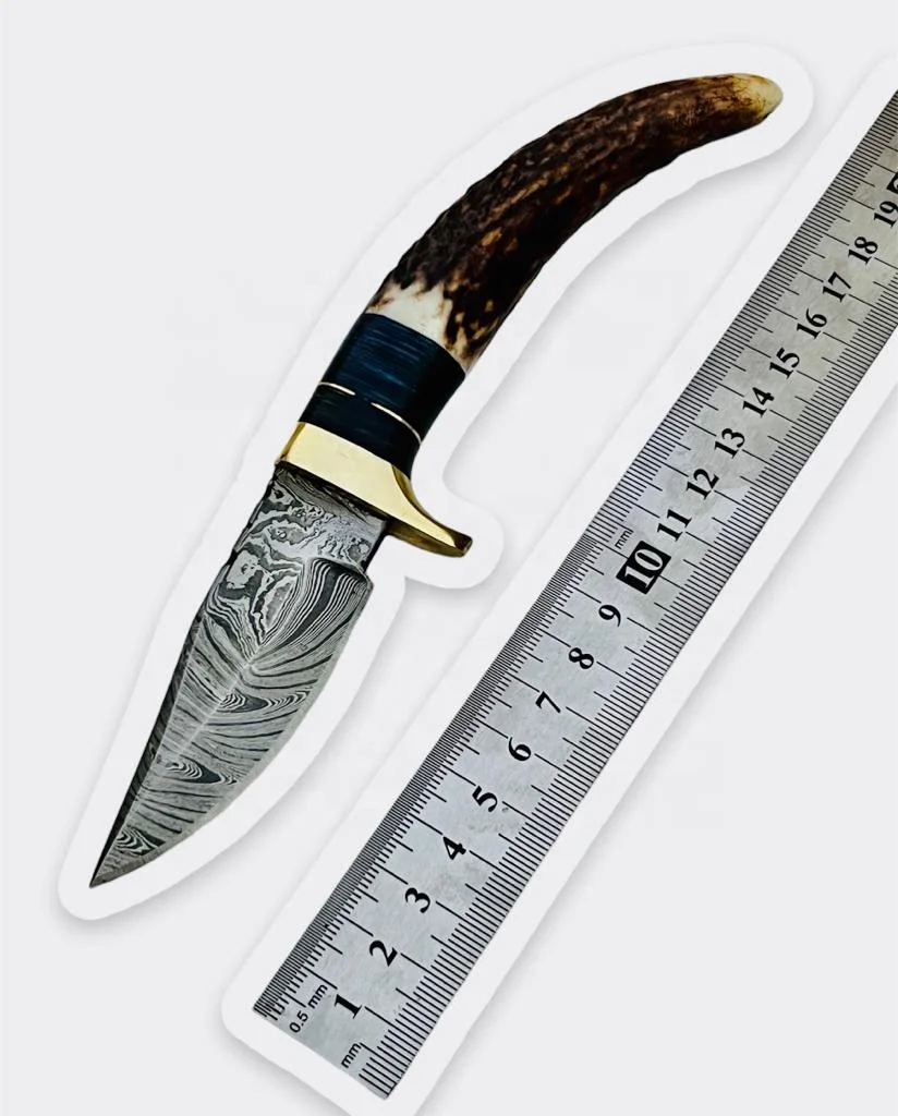 New Custom Handmade Damascus Steel Hunting Skinning Knife With Stag Horn Handle and Leather Sheath