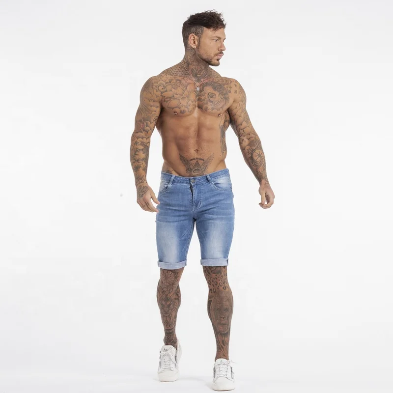 No MOQ Fashion Blue Men Plain Short Jeans Pants Casual Slim Fit Rolled up Cuff Stretch Skinny Shorts