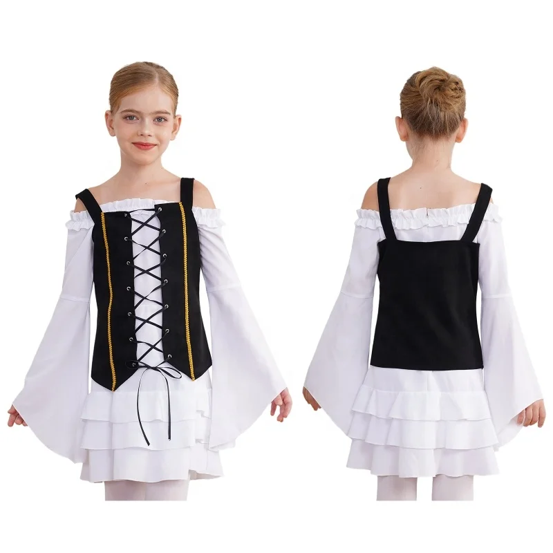 6-16 2pcs Girls Kids Halloween Pirate Cosplay Costumes Victorian Pirate Costumes Long Sleeve Dress And Suede Sets