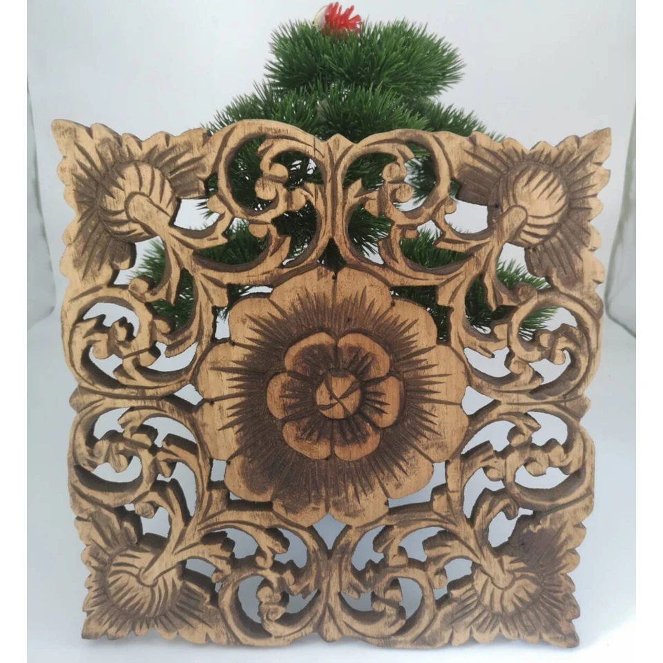 Asian Flower Carved Teak Wood Wall Art 12 x 12 inch in Brown Home Decor
