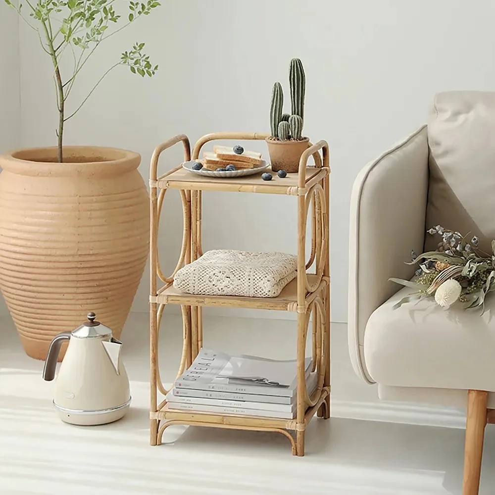 Оптовая продажа деревенский ротанга с 3-х уровневая деревянная полка постоянного ротанга книжная полка