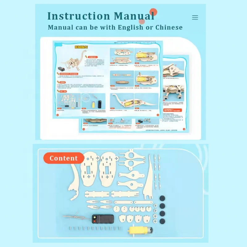 Diy Electric RC Control Movable Dinosaur Wooden Puzzle Kit Children Educational Toys