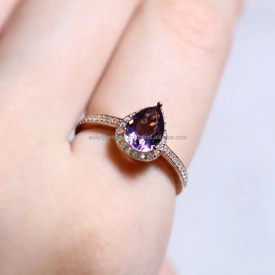 925 Sterling Silver Pear Amethyst Halo 14K Rose Gold Plated Natural Amethyst Engagement Halo Ring handmade silver jewelry