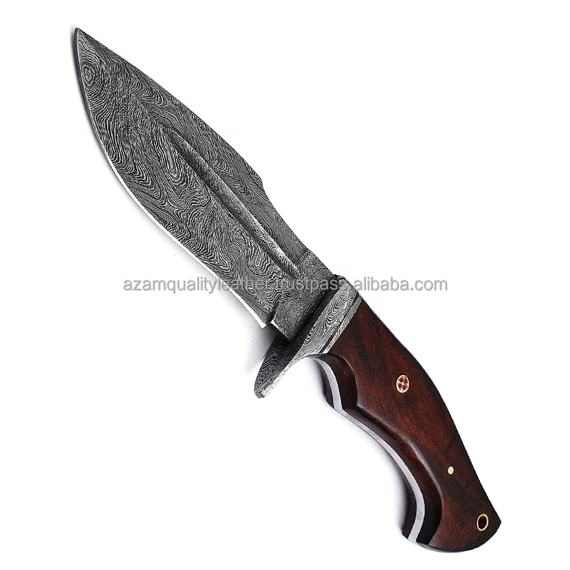 Strong Hand Crafted Camping Knife Damascus Steel Knife with Stag Horn Handle and Cow Hide Leather  cover