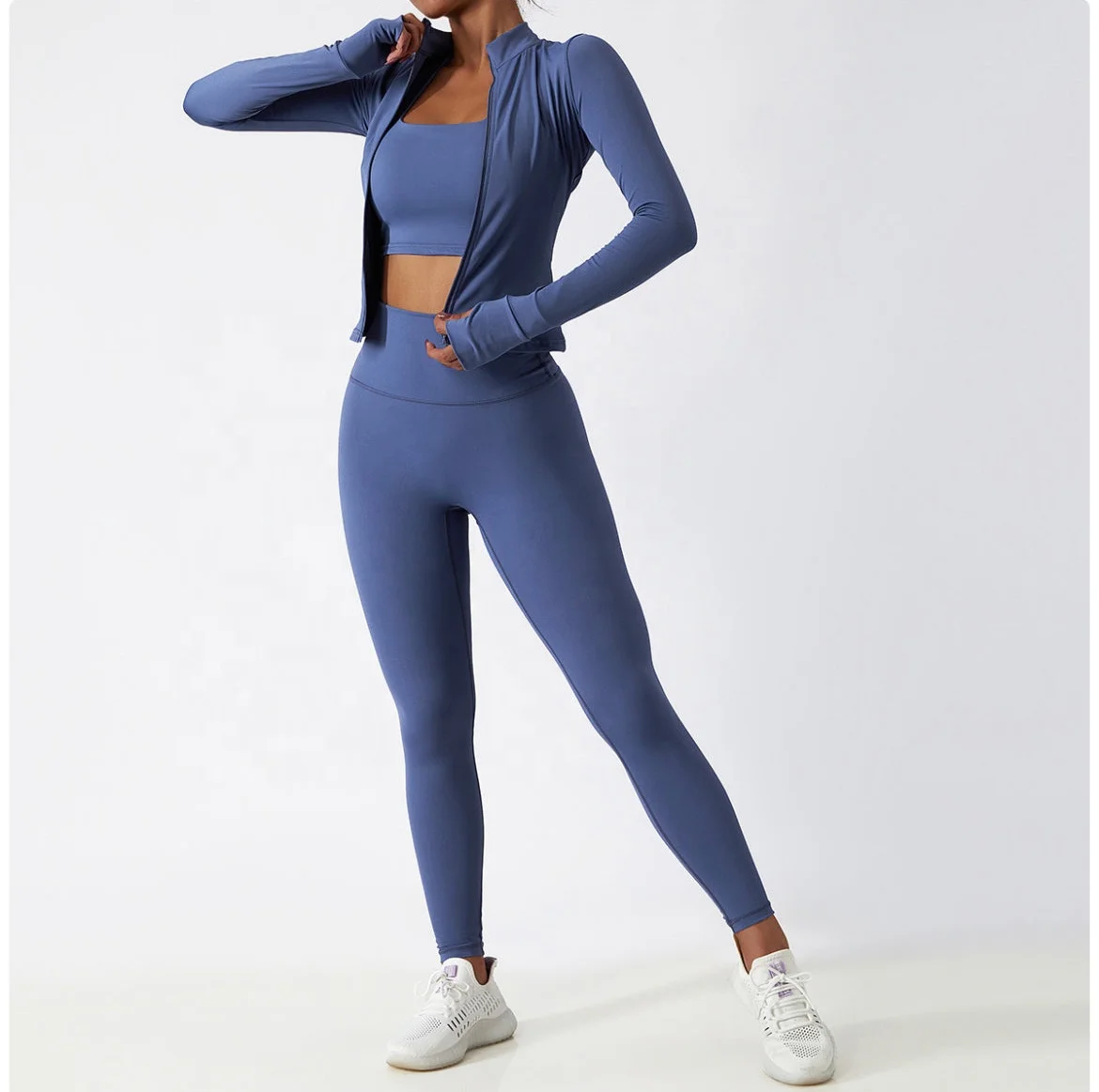 2023 Wholesale Fitness Jackets and High Waist Leggings Gym Fitness Sets Sexy Butter Soft Yoga 3 Piece Workout Set Women