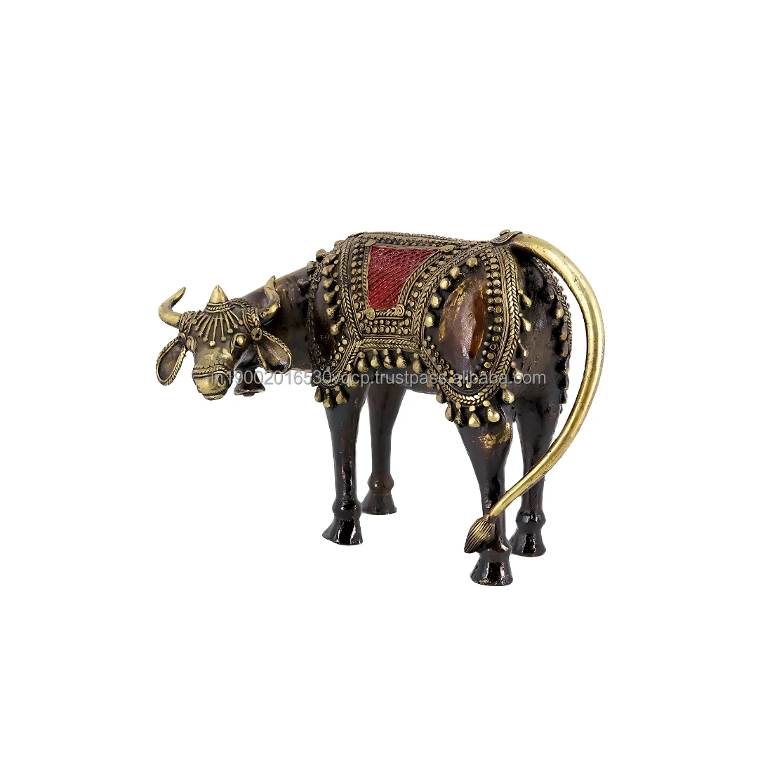 Tribal Pure Brass Goddess Art Cow Grazing Nandi Statue 8.5 x 6.5 Inch Multicolor Handcrafted Metal Cow Statue Home Decoration