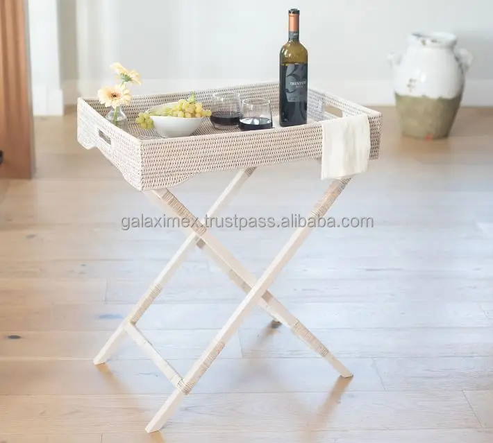 Whitewash wicker rectangular rattan butler tray with strong leg for kitchen accessories rattan serving trays