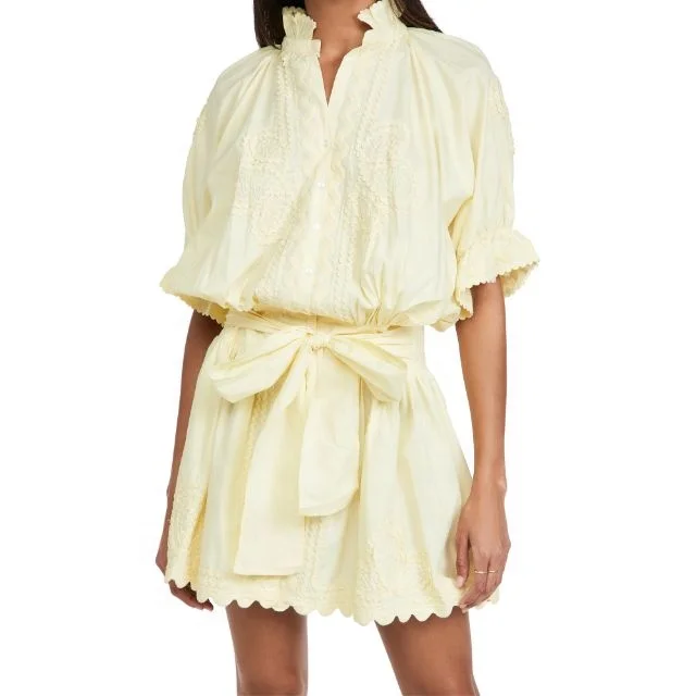 2022 Premium Quality Lime Yellow Women Poplin Blouson Dress With Ric Rac Embroidery Scalloped Hem Elegant Bohemian Girls Tunic