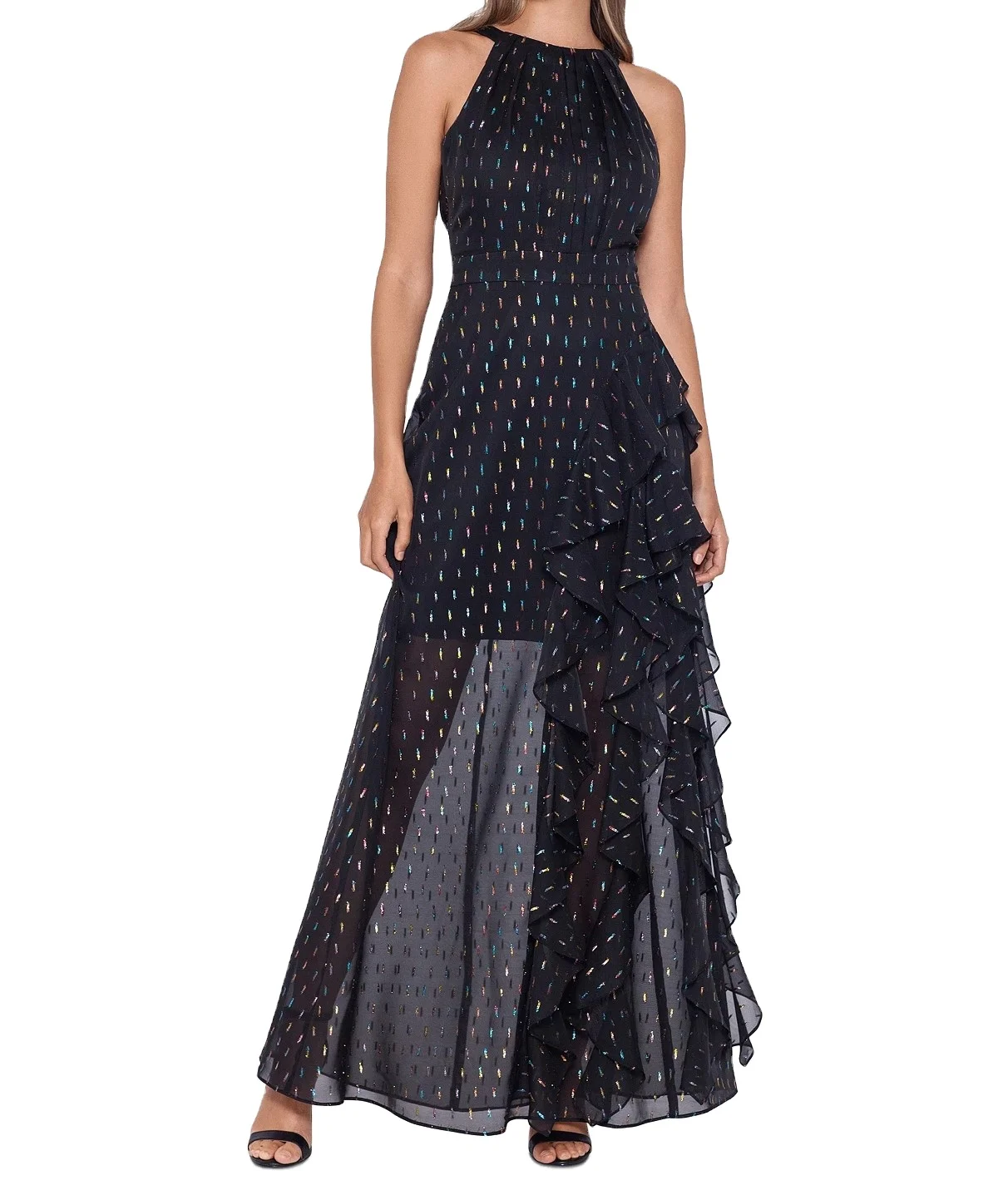 A Chic Choice For Weddings And Formal Events Flowing One Piece Dress Features Halter Neckline Colorful Clip Dot  Great  Texture