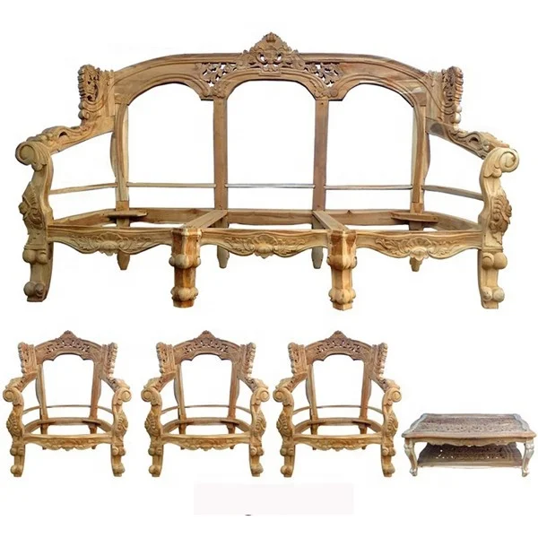 Teak Wooden Carved Sofa Chairs Living Room Furniture Unfinished Products KD No Paint For Living Room Furniture Frame Set 4