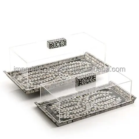 NEW HANDCRAFTED WOODEN  MOTHER OF PEARL WITH ACRYLIC BOX SERVING TRAY NEW MODERN FLORAL DESIGN