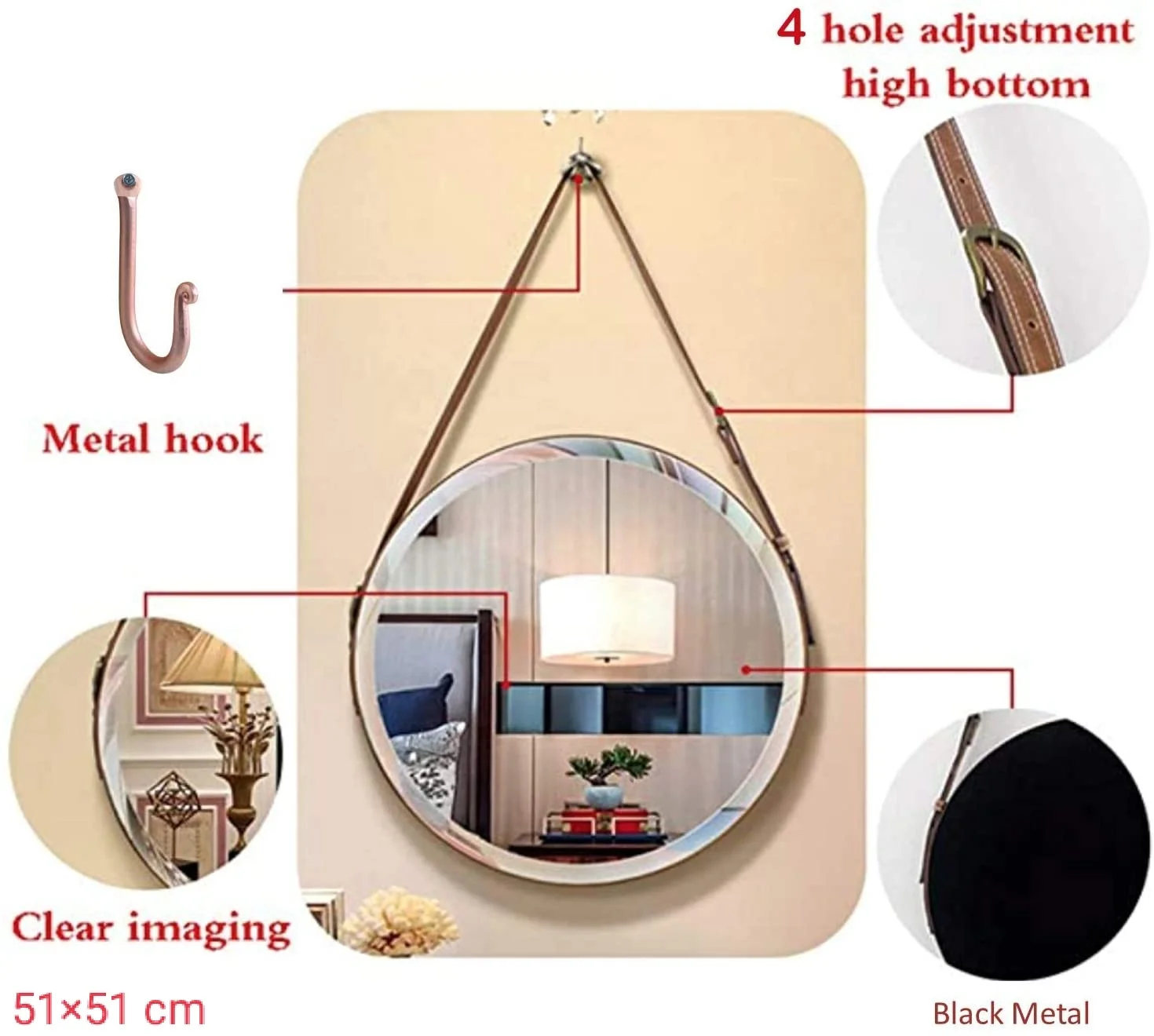 Pleasant Wall Hanging Mirror With Adjustable Strap Premium Pure Metal Round Mirror For Your Bedroom 51*51 CM