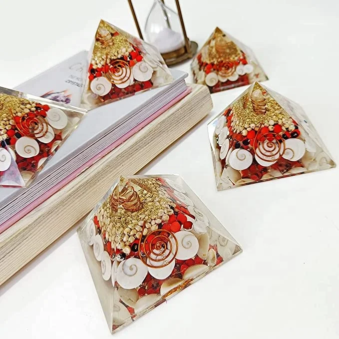 Red & White Chirimoy Seeds Orgonite Pyramid Gemstone Material Home Decor EMF Protection Healing Vaastu Reiki-Themed Meditation