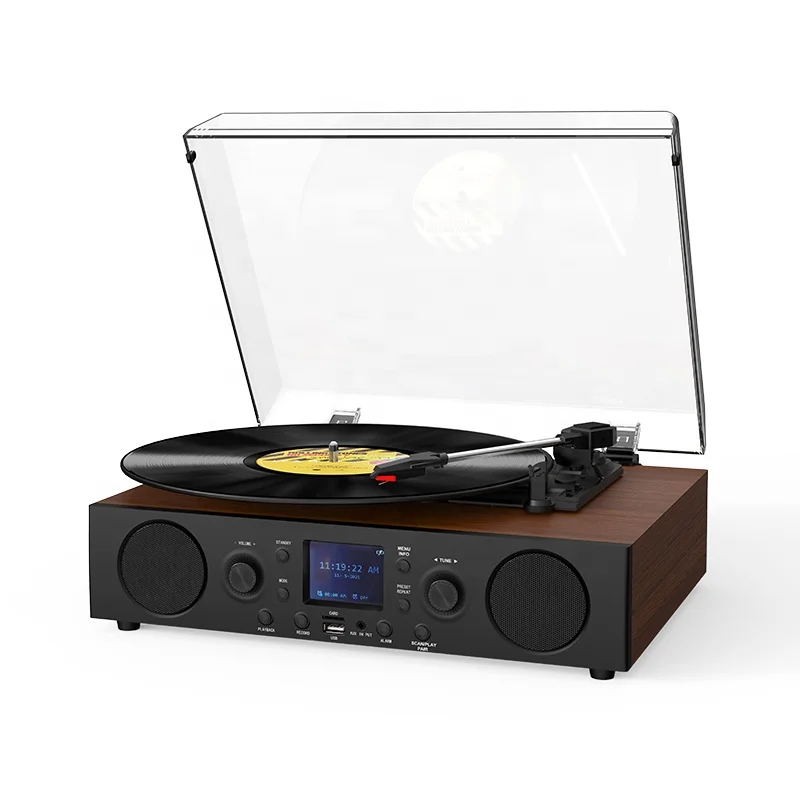 Hot Selling 3 Speed Vinyl Record Player  Clock Fm Alarm Snooze Home Theater System Turntable Player