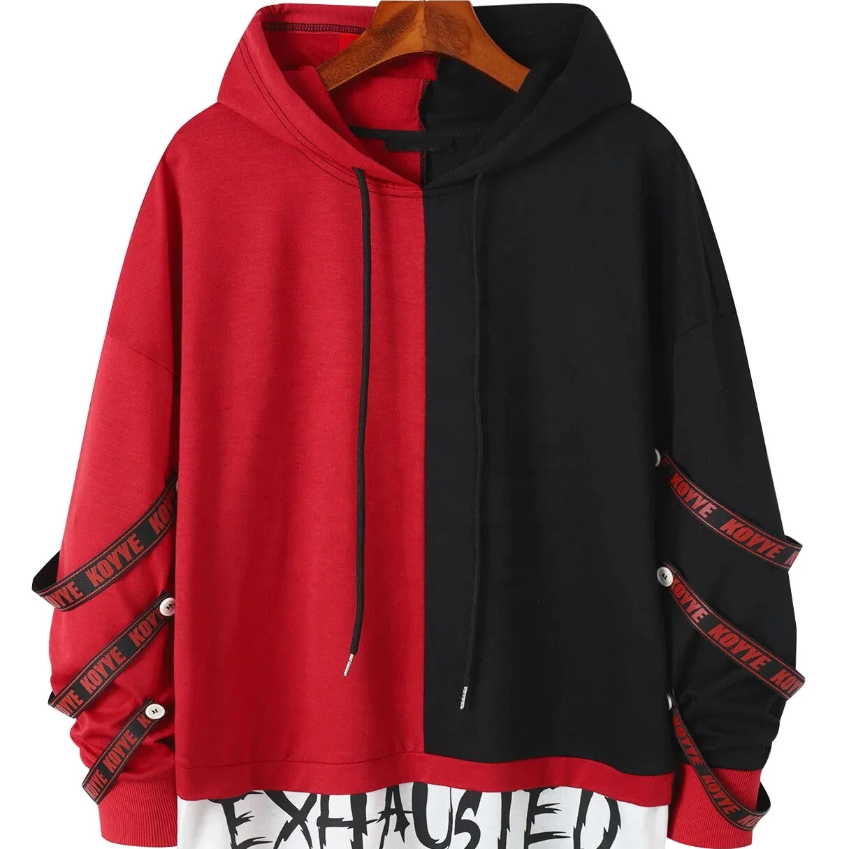 Mens Logo Ribbon Letter Print Contrast Stitching Street Hoodies Casual Red Printed Hoodies Latest Design Pullover Stylish Hoodie
