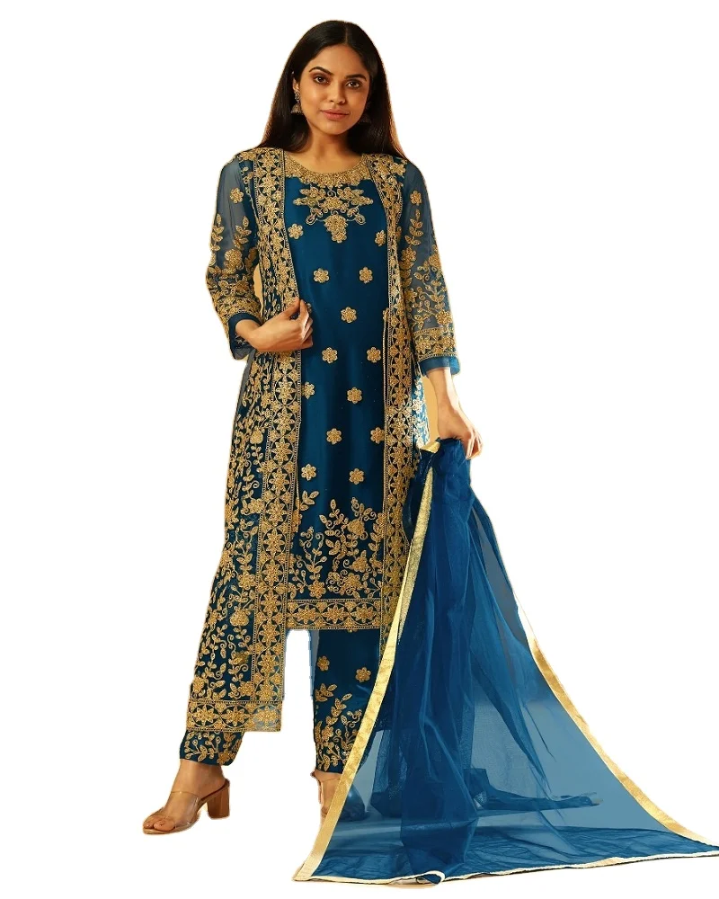 New Arrival Heavy Embroidery Full Stich Bridall Dress Wedding Dresses Churidar Anarkali Churidar Blue Suits Low Price India 2022
