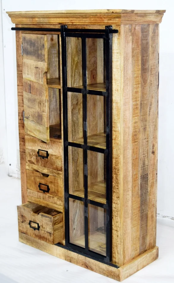 Luxury Modern Industrial Style Mango Wooden Glass Panel Hutch Buffet Cabinet Storage Display Home Dining Living Room