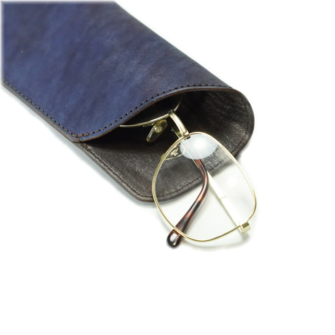 Handcrafted Indigo-Dyed Leather Eyeglass Case Denim-Textured, One-of-a-Kind Design with Traditional Japanese Dyeing