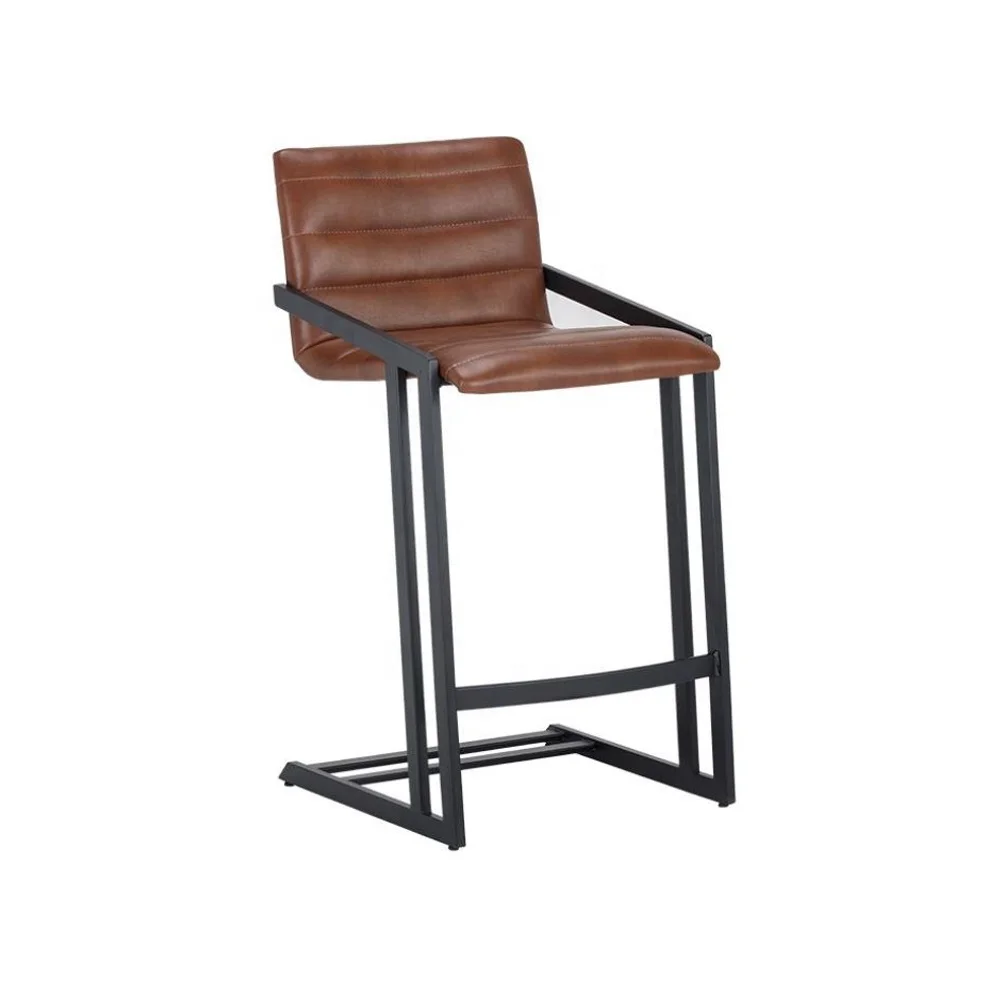 Leather counter bar chair with brown leather seat high backrest and iron metal frame bar chair for restaurant chair