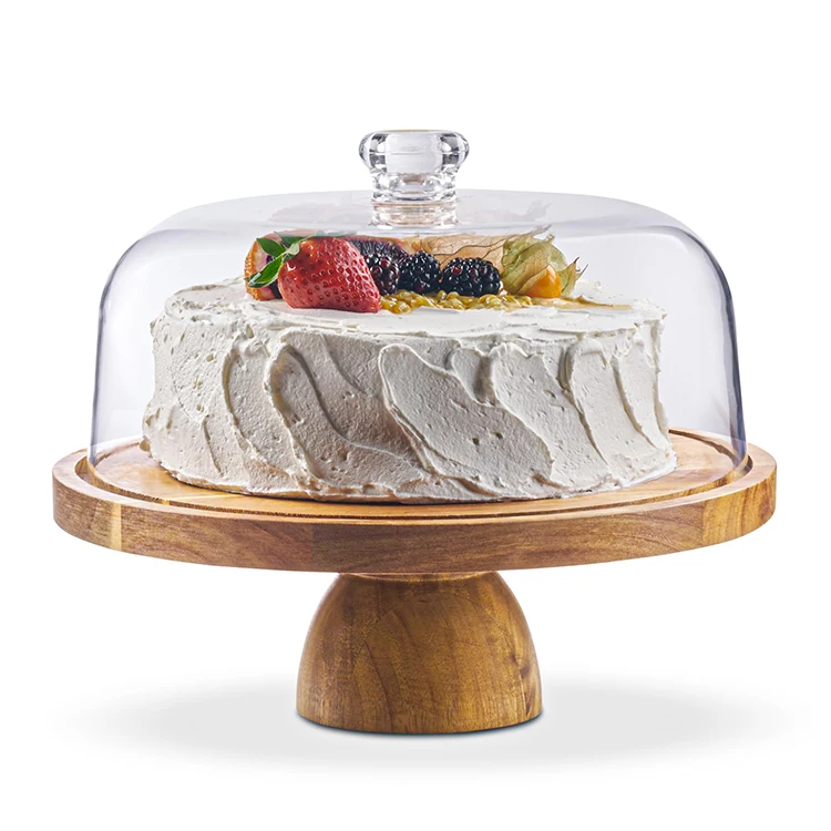 Acacia Wood Cake Stand with Acrylic Cover for Weddings Round Wood Product Server Cake Stand Display Cupcake Display Tray
