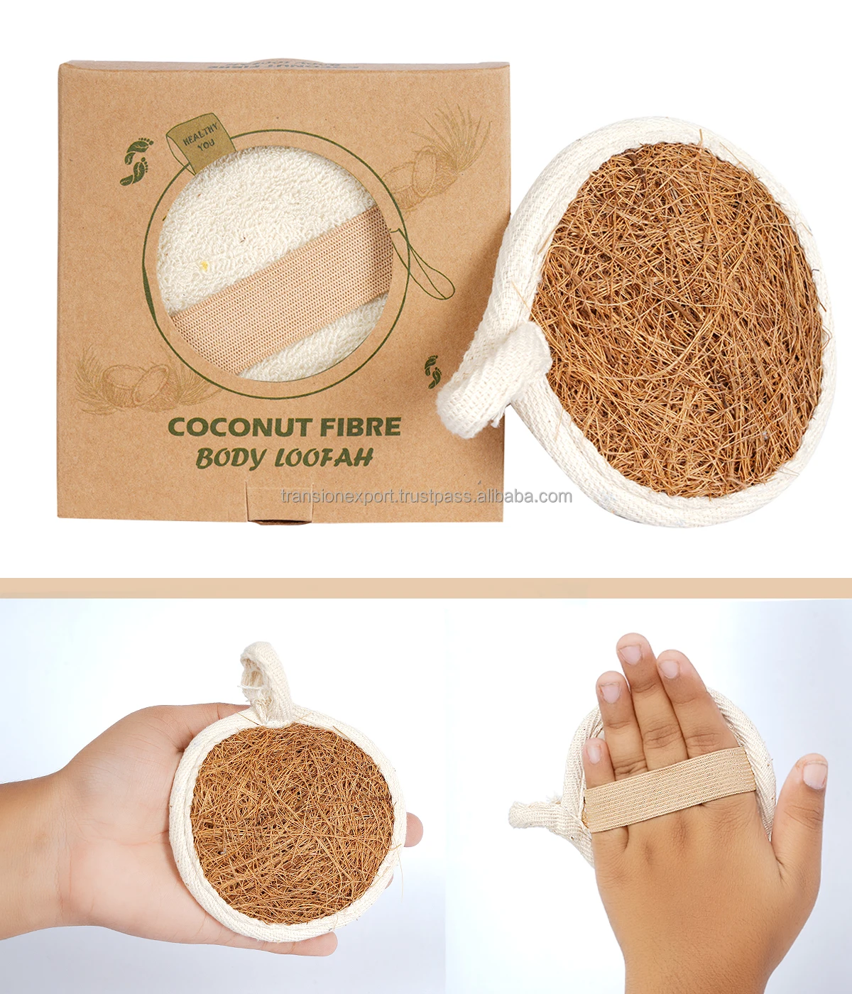 100% natural coconut bath sponge with soft terry back and elastic holder for shower and bath wholesale body bath brush
