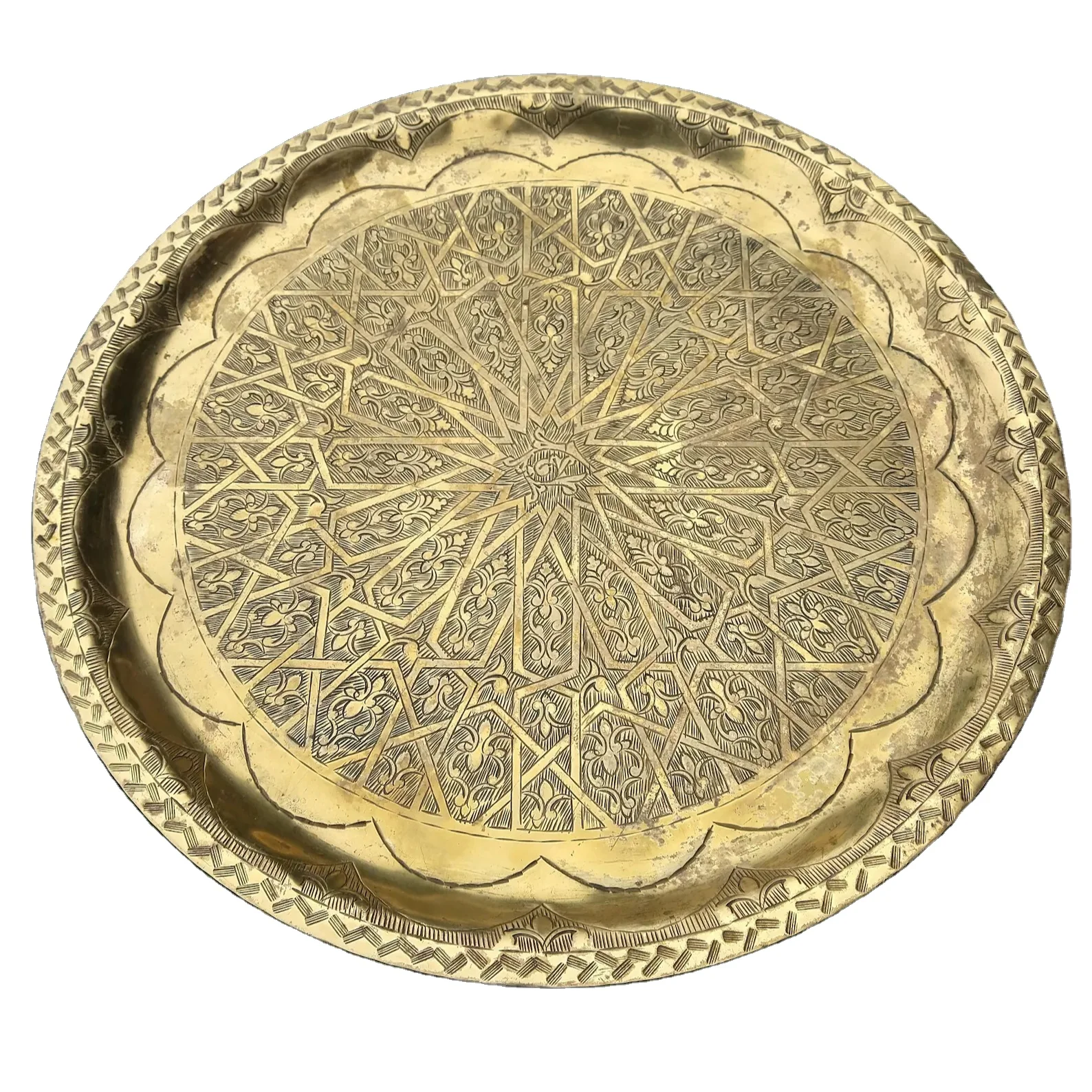 Brass Moroccan Sinya Tea Serving Tray Authentic 19th Century Gilt Hand Etched and Stamped Round Platter Copper Serving Tray