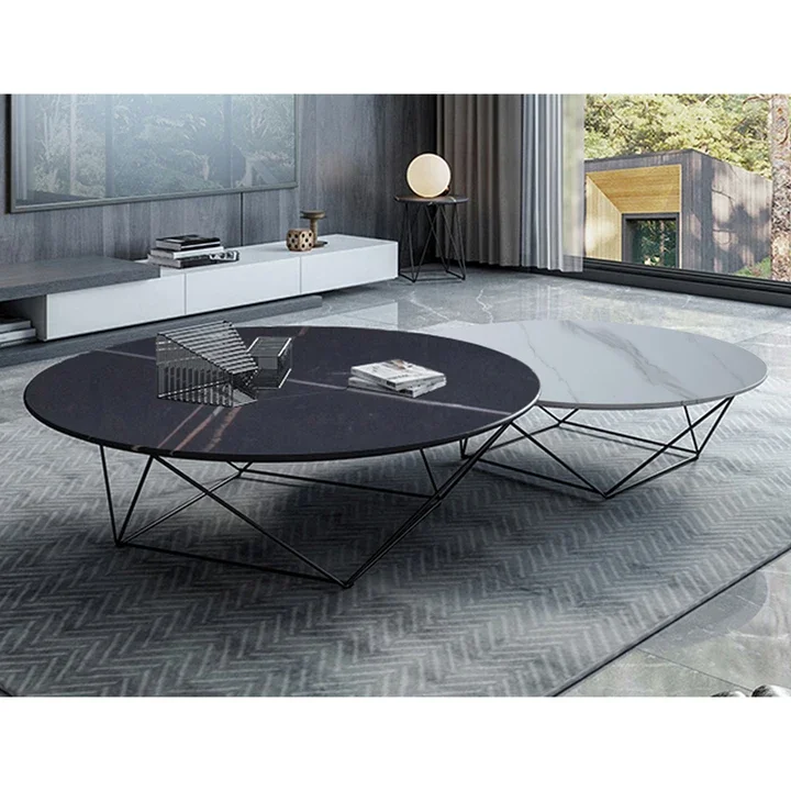 round Marble Finish Set Coffee Table 2 Piece, End Table Modern Luxury Sofa Center Table