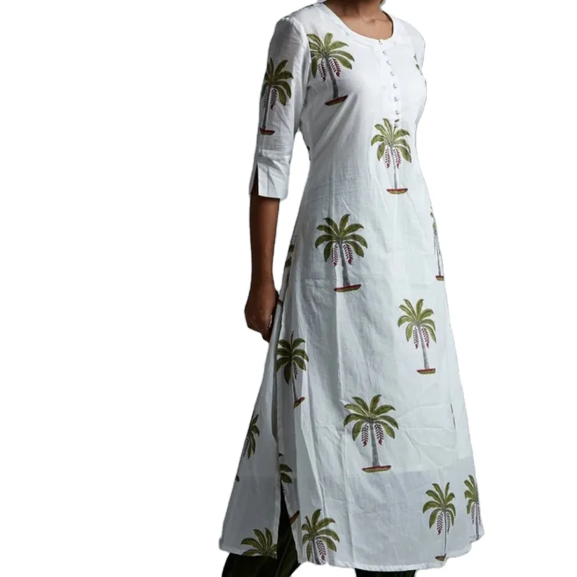 Palm Tree BlockPrint A-Line Kurta with Pleated Pants Quality Indian Fashion for Ladies Dress by Local Manufacturer